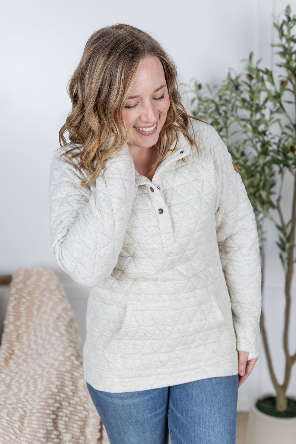 Geometric Button Snap Pullover - Oatmeal