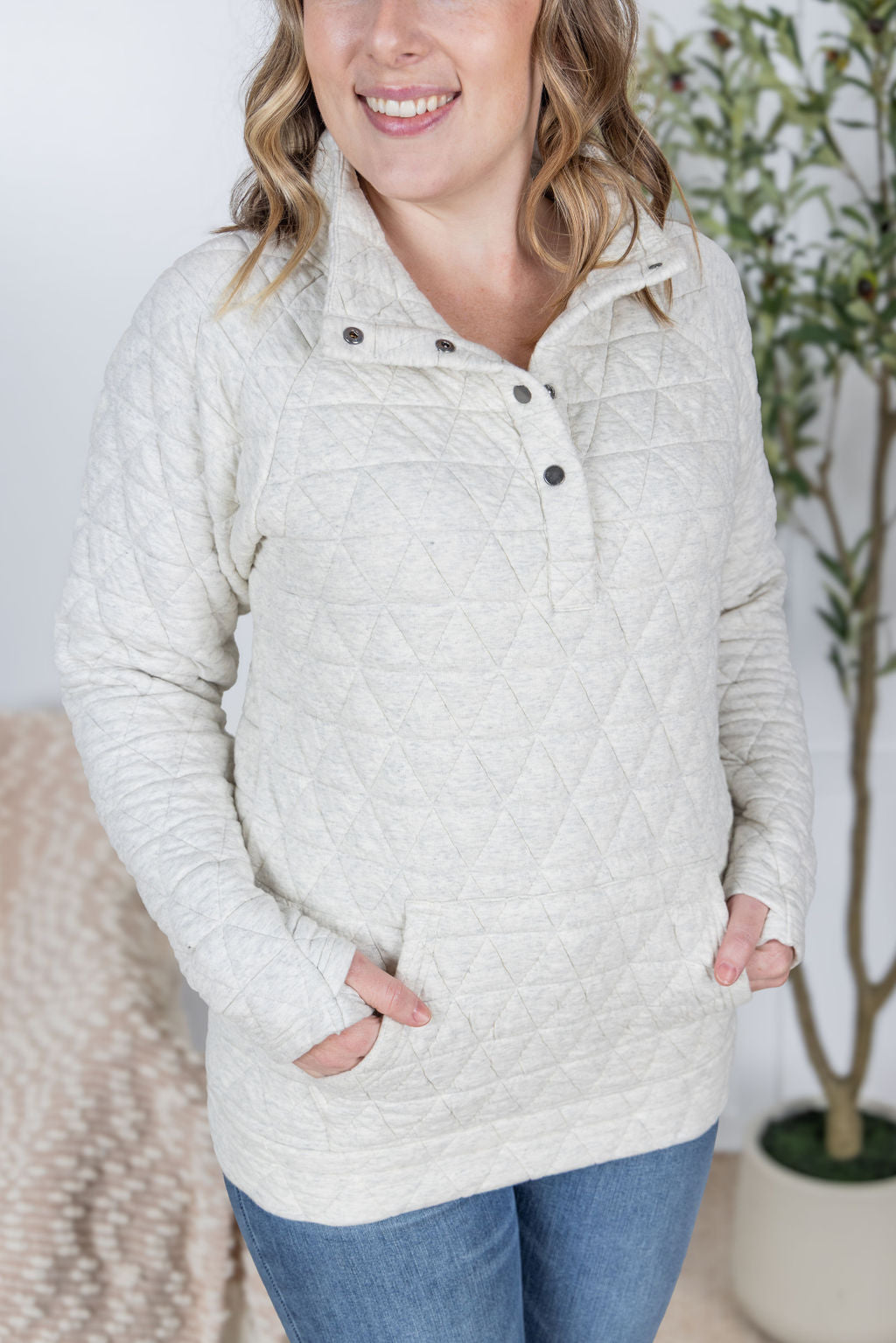 Geometric Button Snap Pullover - Oatmeal