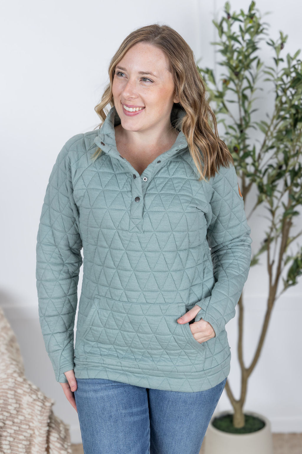 Geometric Button Snap Pullover - Sage