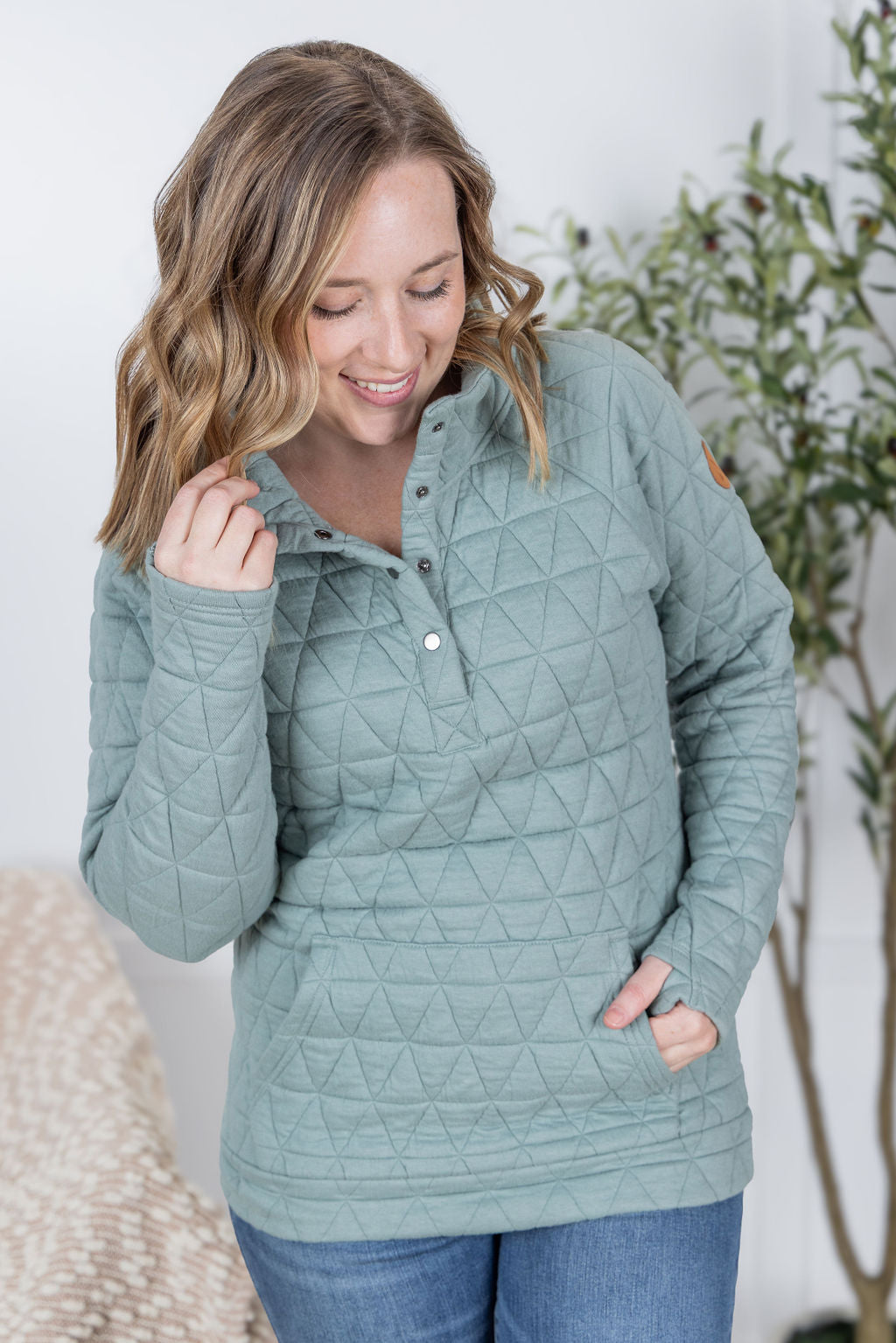 Geometric Button Snap Pullover - Sage
