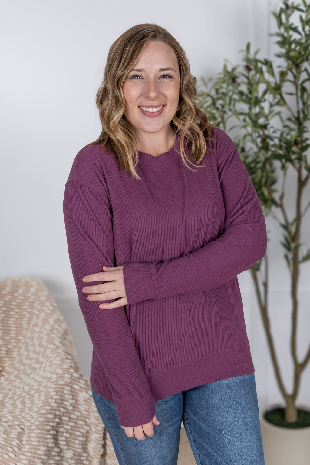 Corrine Ribbed Pullover Top - Plum