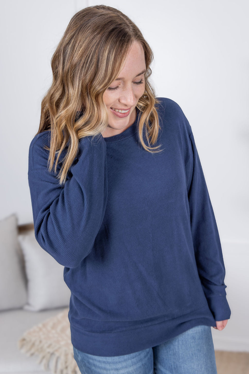 Corrine Ribbed Pullover Top - Navy