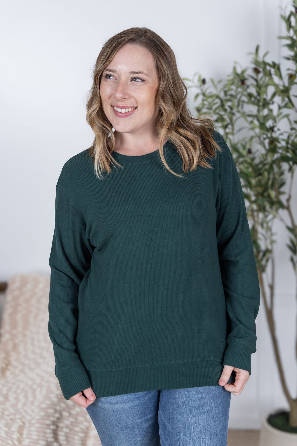 Corrine Ribbed Pullover Top - Hunter Green
