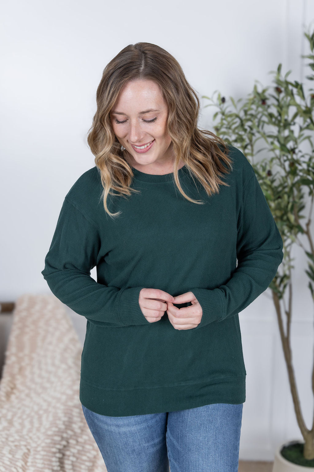Corrine Ribbed Pullover Top - Hunter Green