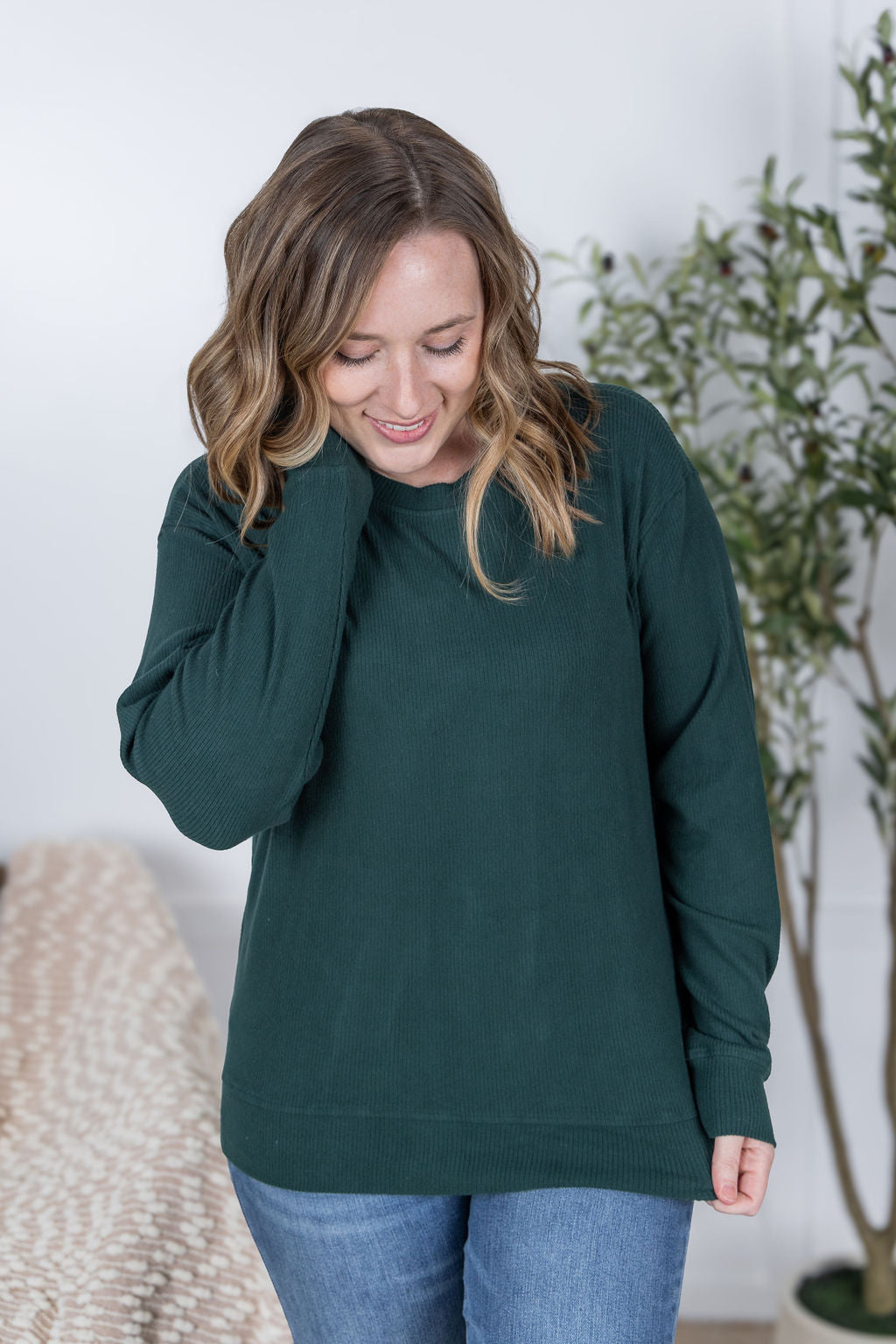 Corrine Ribbed Pullover Top - Hunter Green