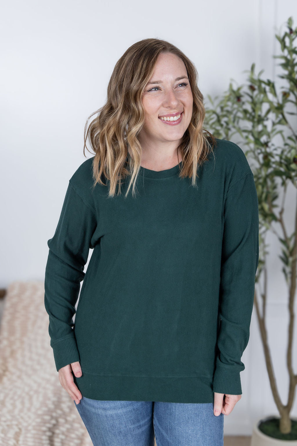 Corrine Ribbed Pullover Top - Hunter Green