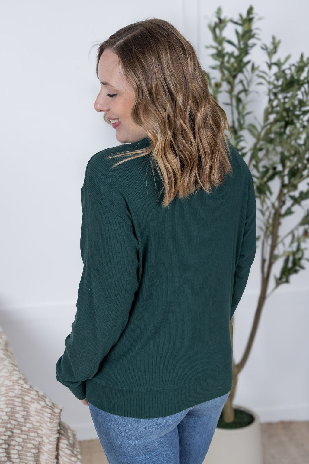 Corrine Ribbed Pullover Top - Hunter Green