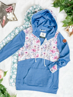 HalfZip Hoodie - Pink and Periwinkle Abstract Floral and Blue