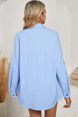 Stripe Roll-tab Sleeve Pocketed Long Shirt