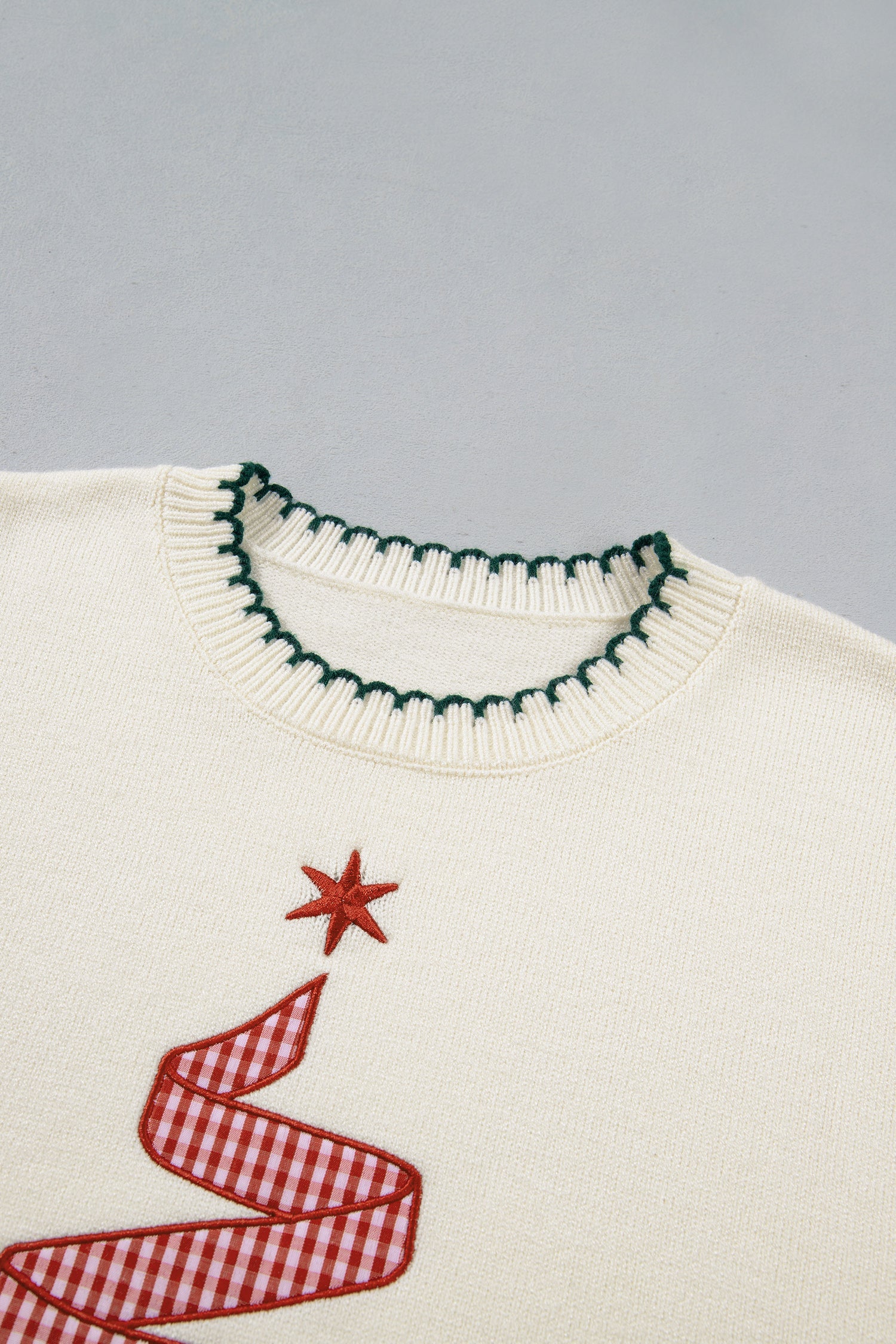 Gingham Christmas Tree Contrast Stitching Sweater