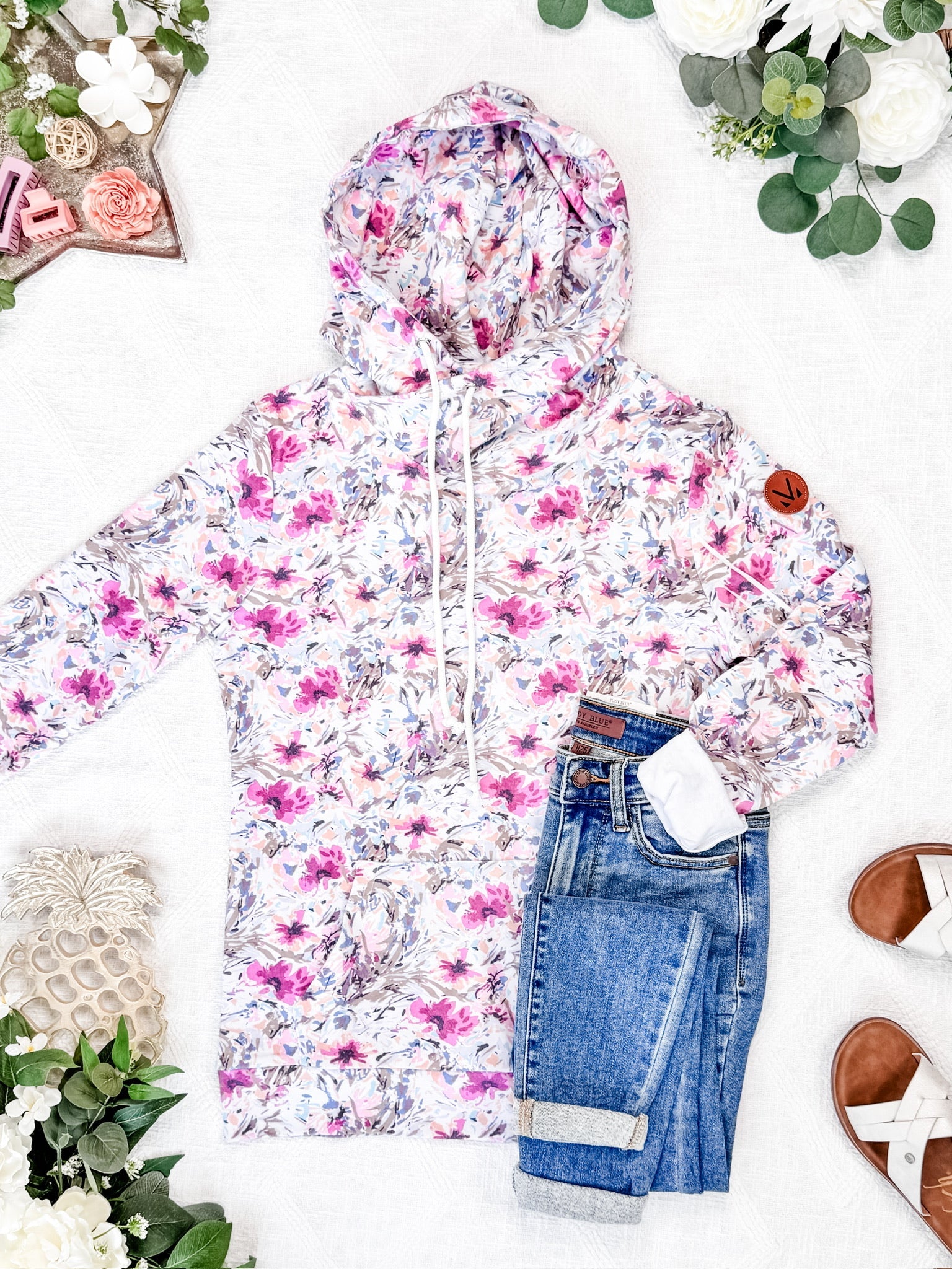 Ashley Hoodie - Pink and Periwinkle Abstract Floral