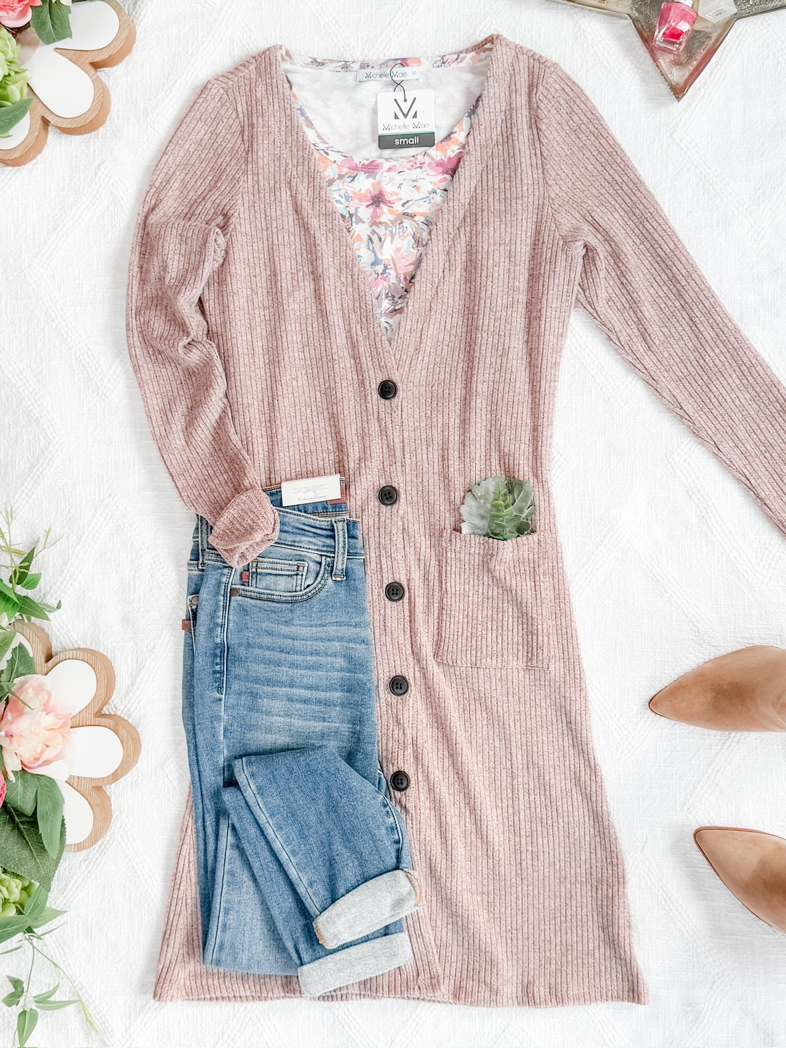 Colbie Ribbed Cardigan - Neutral Pink