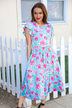 Feeling Femme Sky Blue Big Floral Folded Ruffle Sleeves Midi Dress