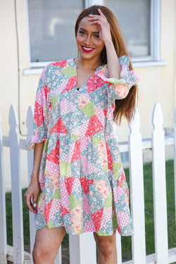 Look Of Love Lime/Coral Patchwork Print V Neck Dress (Copy)