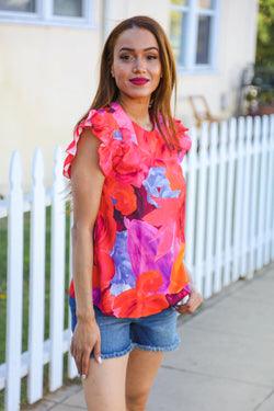 Look of Love Red & Fuchsia Floral Smocked Ruffle Frill Sleeve Top