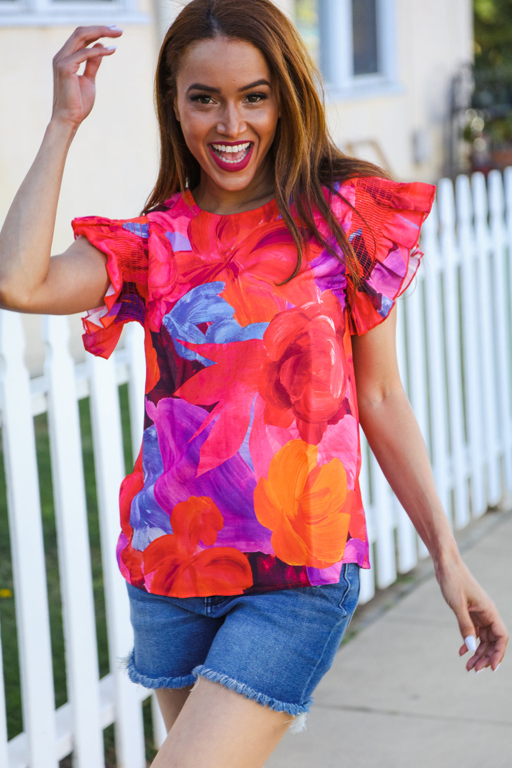 Look of Love Red & Fuchsia Floral Smocked Ruffle Frill Sleeve Top