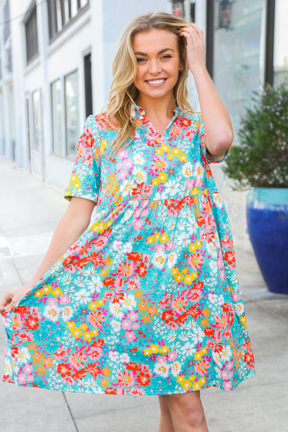 Sunny Days Mint Floral Print Notched Collar Frock Dress