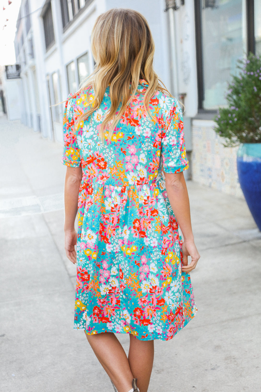 Sunny Days Mint Floral Print Notched Collar Frock Dress