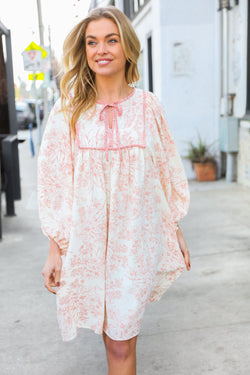 Boho Vibes Ivory/Coral Contrast Binding Notched Bow Tie Lined Dress