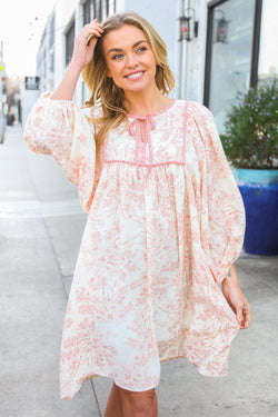 Boho Vibes Ivory/Coral Contrast Binding Notched Bow Tie Lined Dress