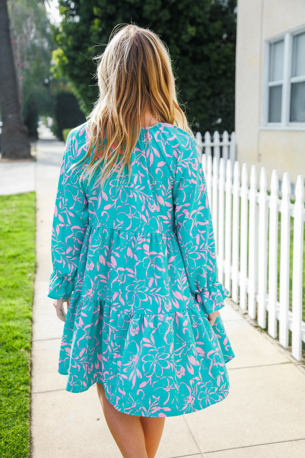 Boho Romance Mint Floral Print Front Ribbon Bow Tiered Dress