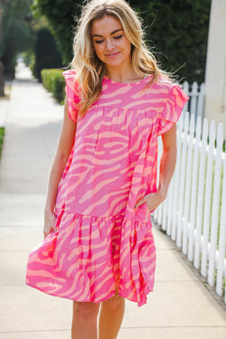 Remember Me Pink Zebra Print Tiered Ruffle Sleeve Woven Dress