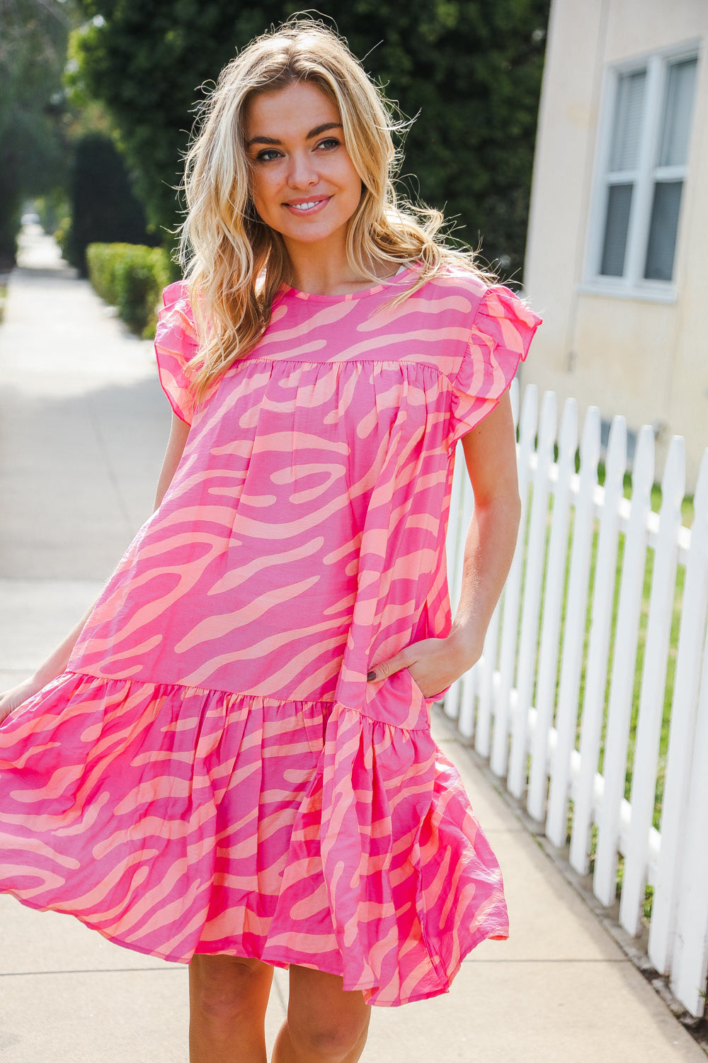 Remember Me Pink Zebra Print Tiered Ruffle Sleeve Woven Dress