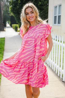 Remember Me Pink Zebra Print Tiered Ruffle Sleeve Woven Dress