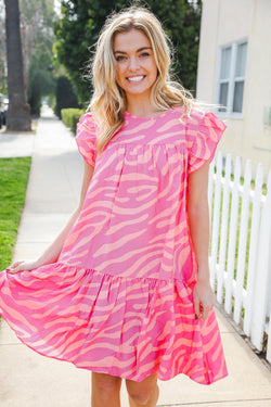 Remember Me Pink Zebra Print Tiered Ruffle Sleeve Woven Dress