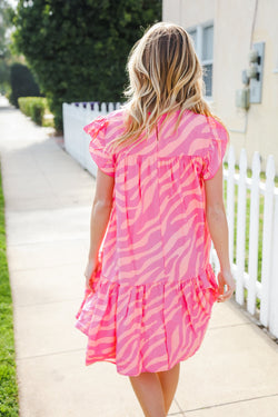 Remember Me Pink Zebra Print Tiered Ruffle Sleeve Woven Dress