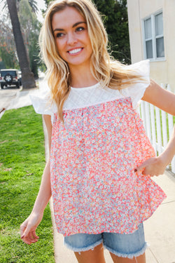 Coral & White Cotton Floral Embroidered Yoke Top