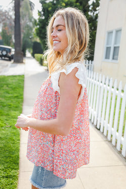 Coral & White Cotton Floral Embroidered Yoke Top