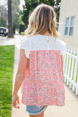 Coral & White Cotton Floral Embroidered Yoke Top