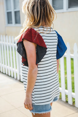 Glam It Up Red & Blue Glitter Flutter Sleeve Striped Top