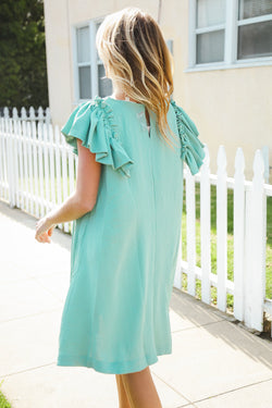 Out For The Day Sage Crinkle Woven Ruffle Sleeve Dress