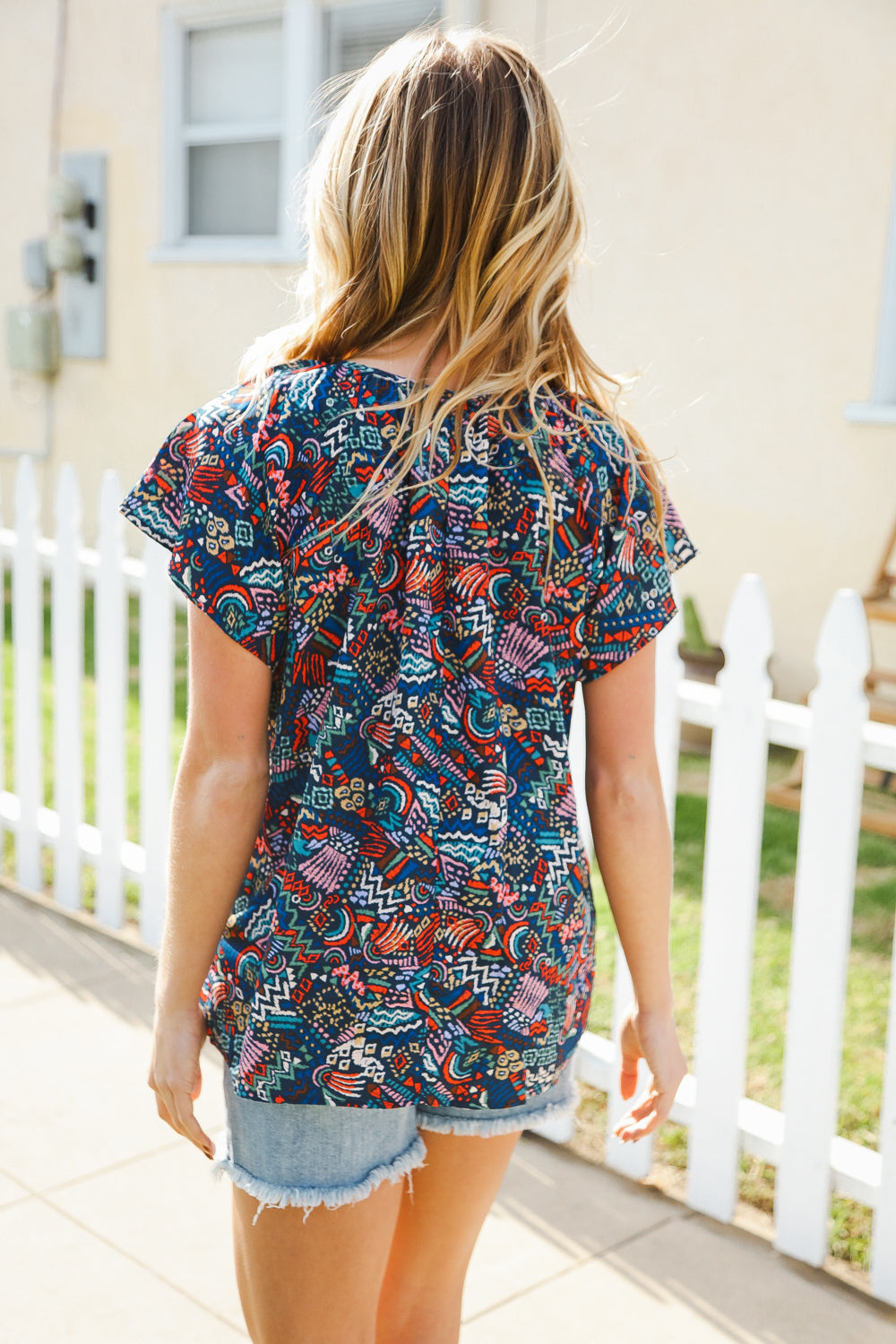 Navy Boho Print Tie Neck Raglan Top