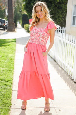 More Than Lovely Coral Floral Embroidery Dot Maxi Dress (Copy)