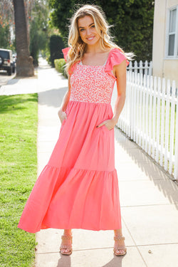 More Than Lovely Coral Floral Embroidery Dot Maxi Dress (Copy)