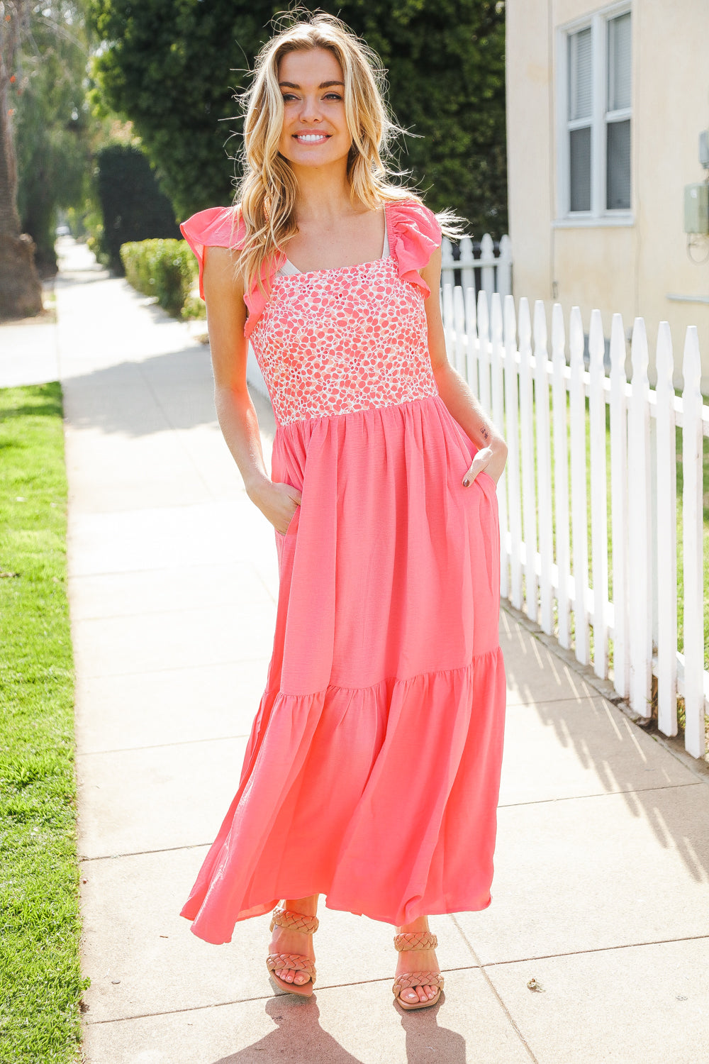 More Than Lovely Coral Floral Embroidery Dot Maxi Dress (Copy)