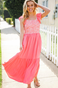 More Than Lovely Coral Floral Embroidery Dot Maxi Dress (Copy)