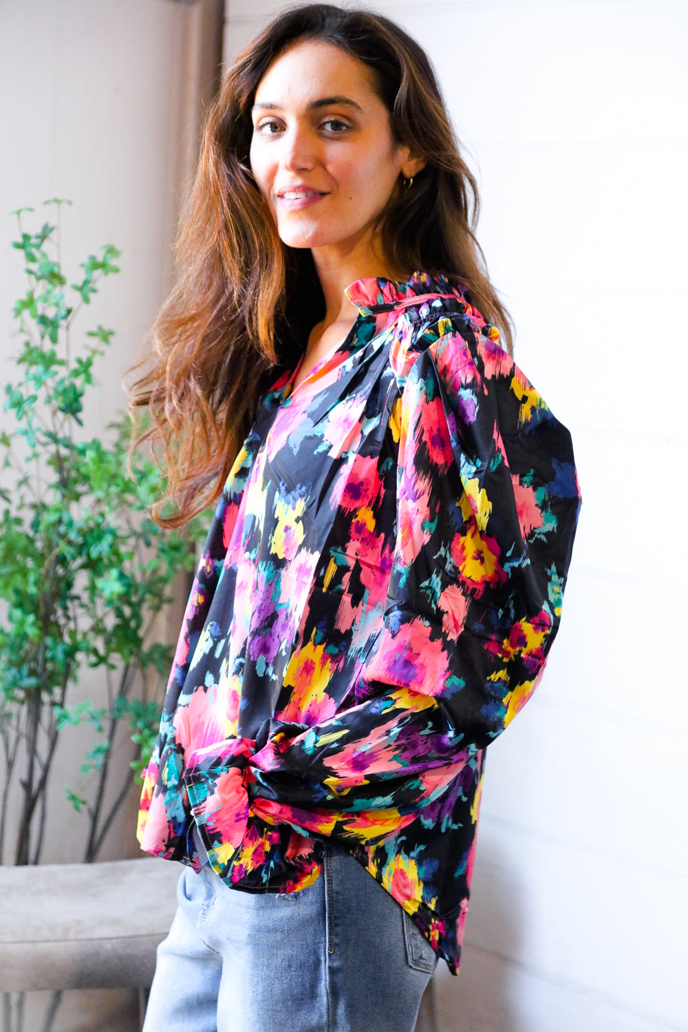 Bold and Blooming Bubble Sleeve Woven Blouse