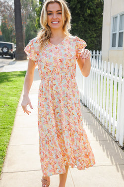 Lovely In Peach Floral Print Elastic Waist Ruffle Midi Dress