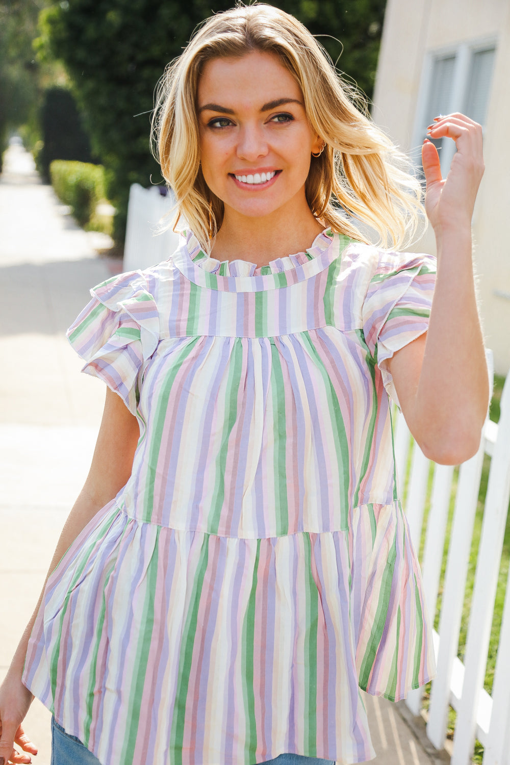 Easy To Love Lavender Stripe Double Ruffle Sleeve Tiered Top