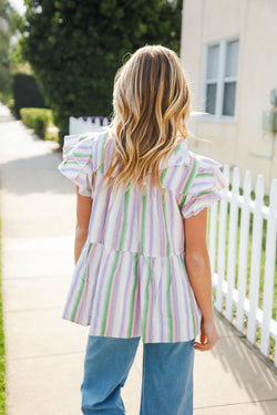 Easy To Love Lavender Stripe Double Ruffle Sleeve Tiered Top