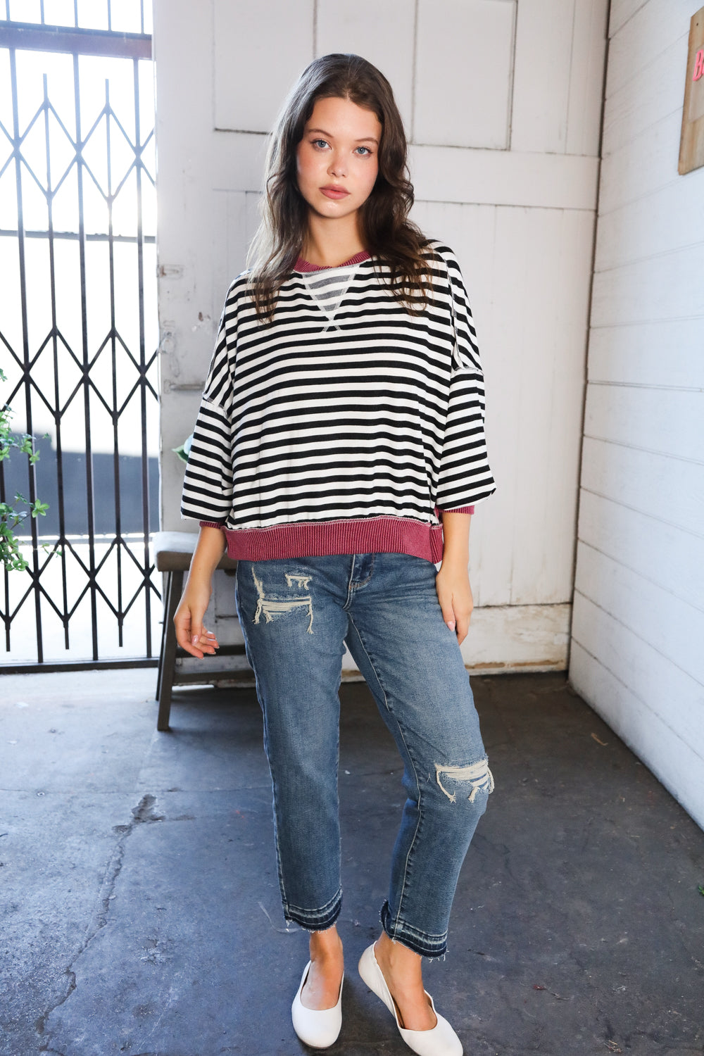 A Stripe Story Wine Crew Neck Pullover