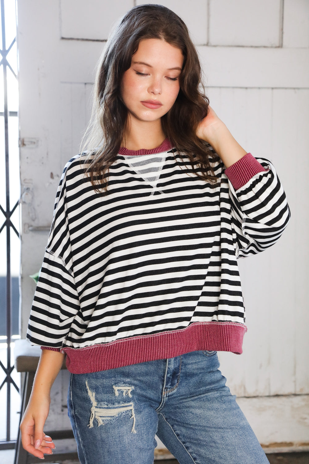 A Stripe Story Wine Crew Neck Pullover