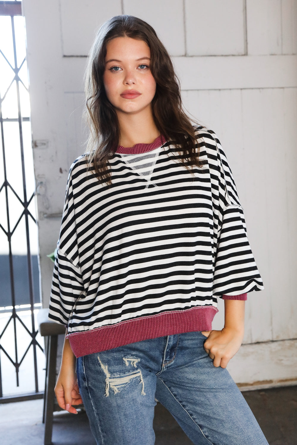 A Stripe Story Wine Crew Neck Pullover