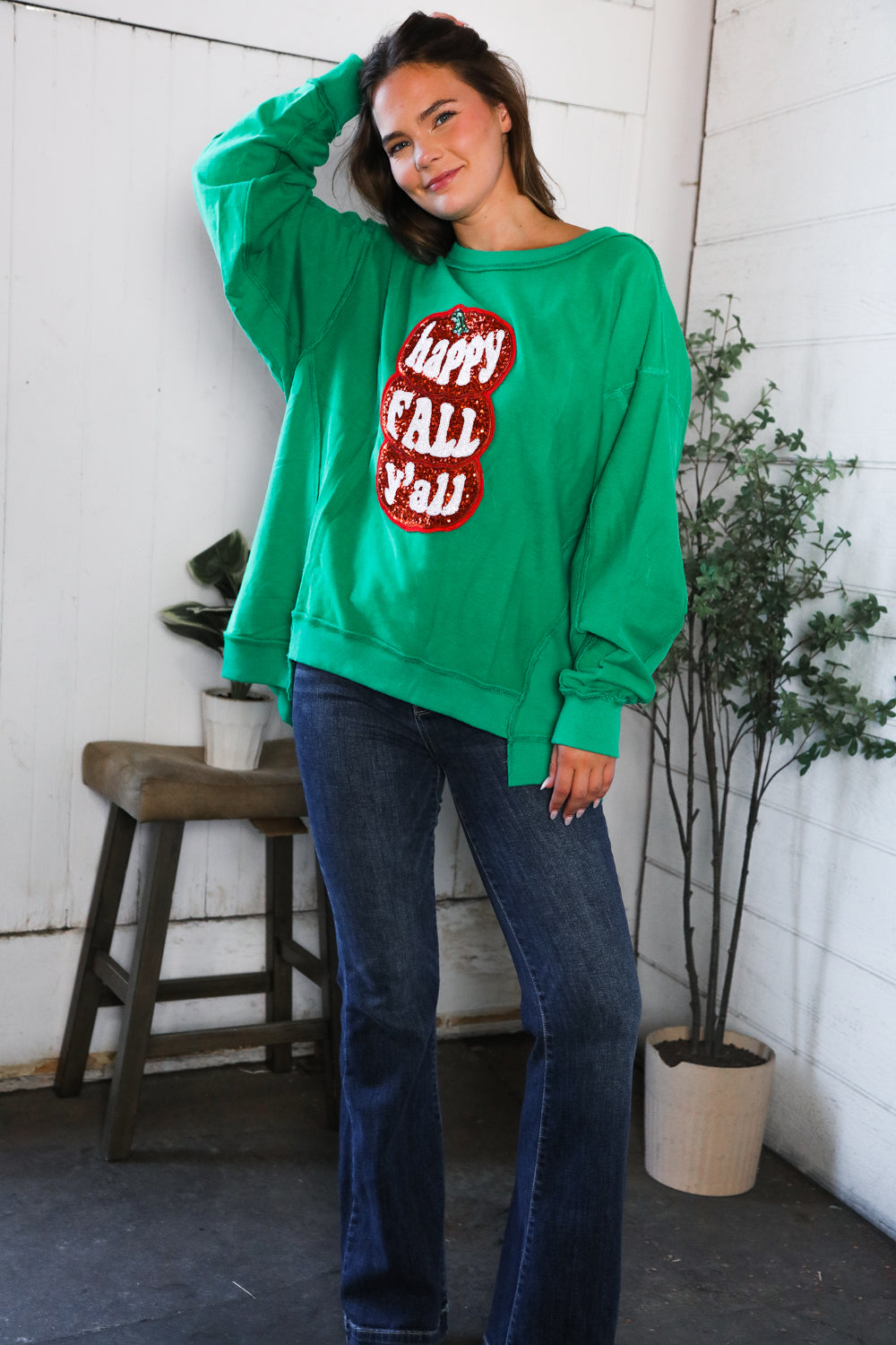 'Happy Fall Y'all' Kelly Green Sweater