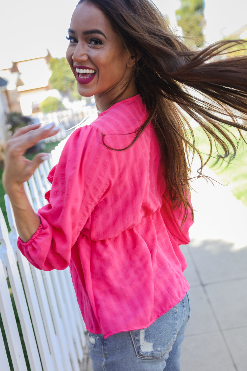 Stay With Me Pink V Neck Ribbon Bow Babydoll Woven Blouse