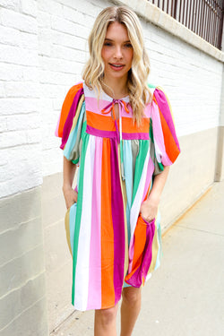 Be Bold Multicolor Stripe Front Tie Folded Sleeve Babydoll Dress